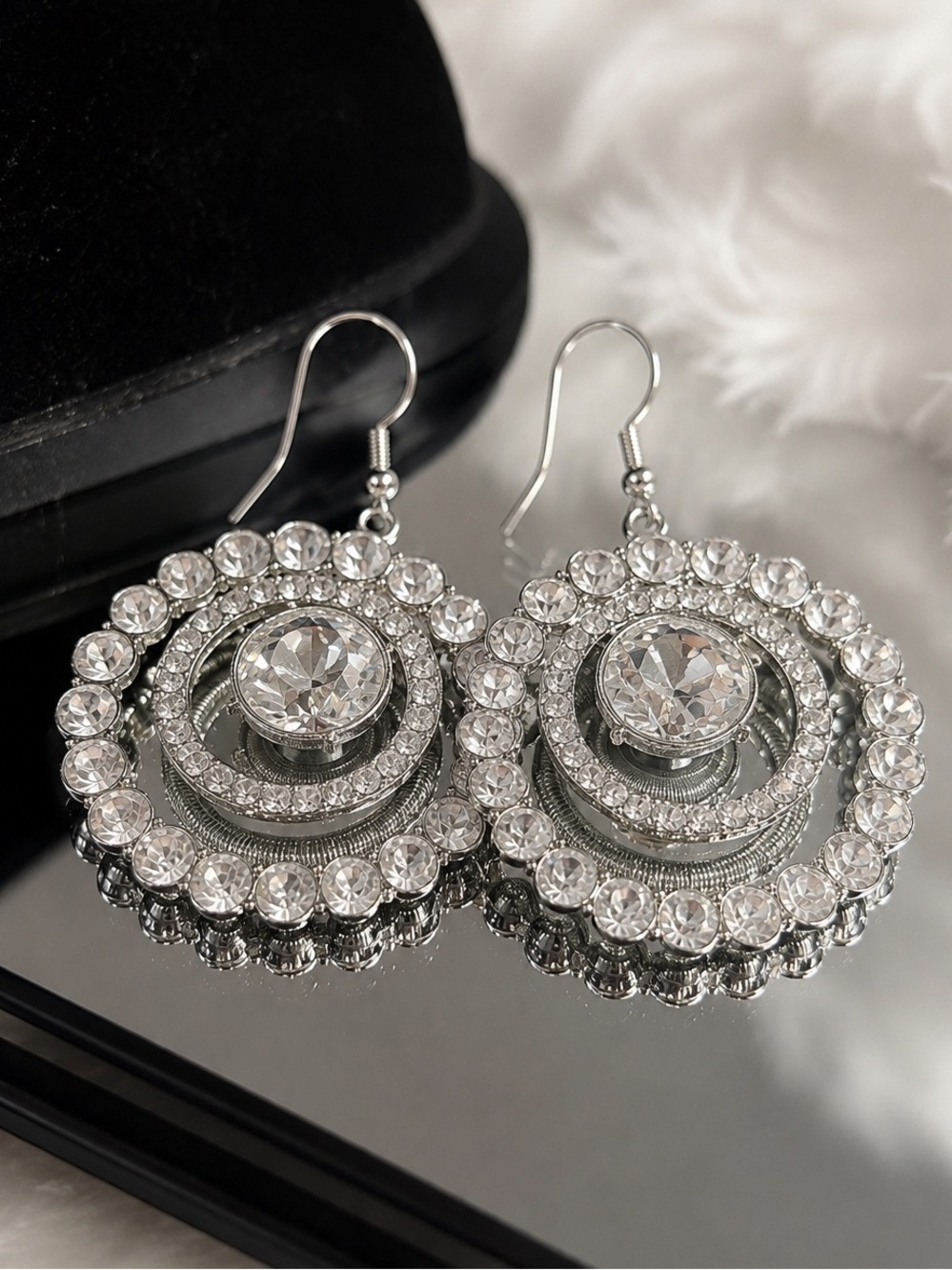 NEW PAPARAZZI Sparkly Rhinestone Round Drop Hook Earrings Silver Statement Glam